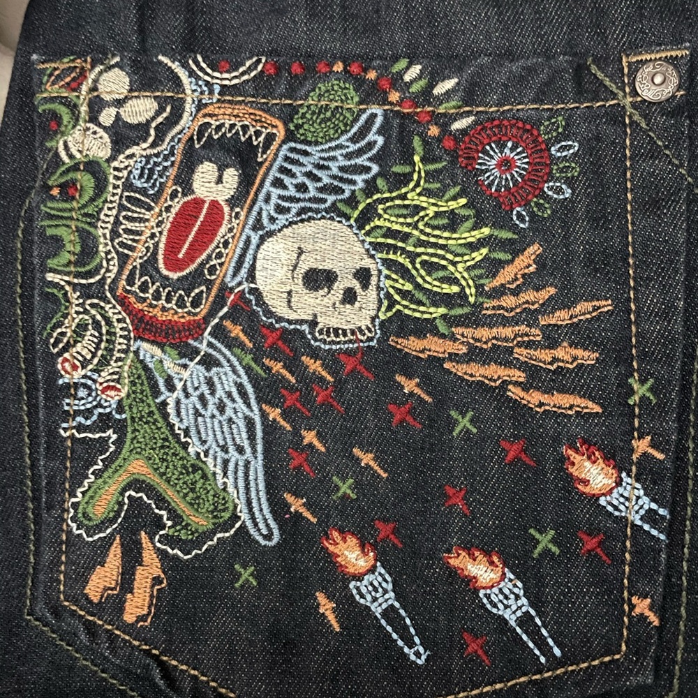 Embroidered Denim Shoulder bag with Colorful Scarf - Picture 2 of 9